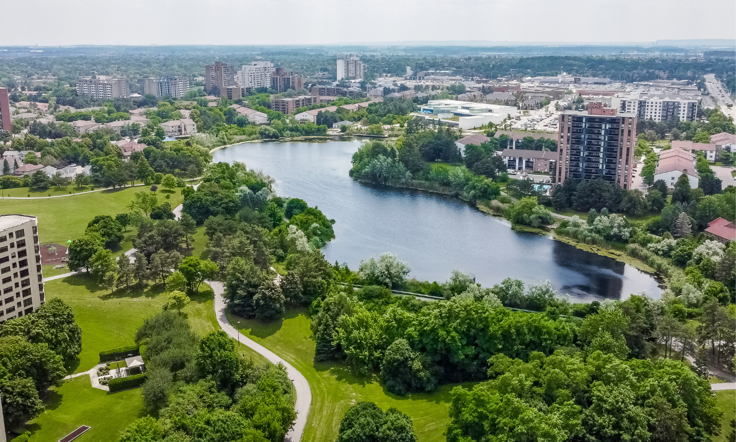 Aerial view of Lake Aquitaine, Meadowvale. Live at Elora and rent with Minto Apartments.